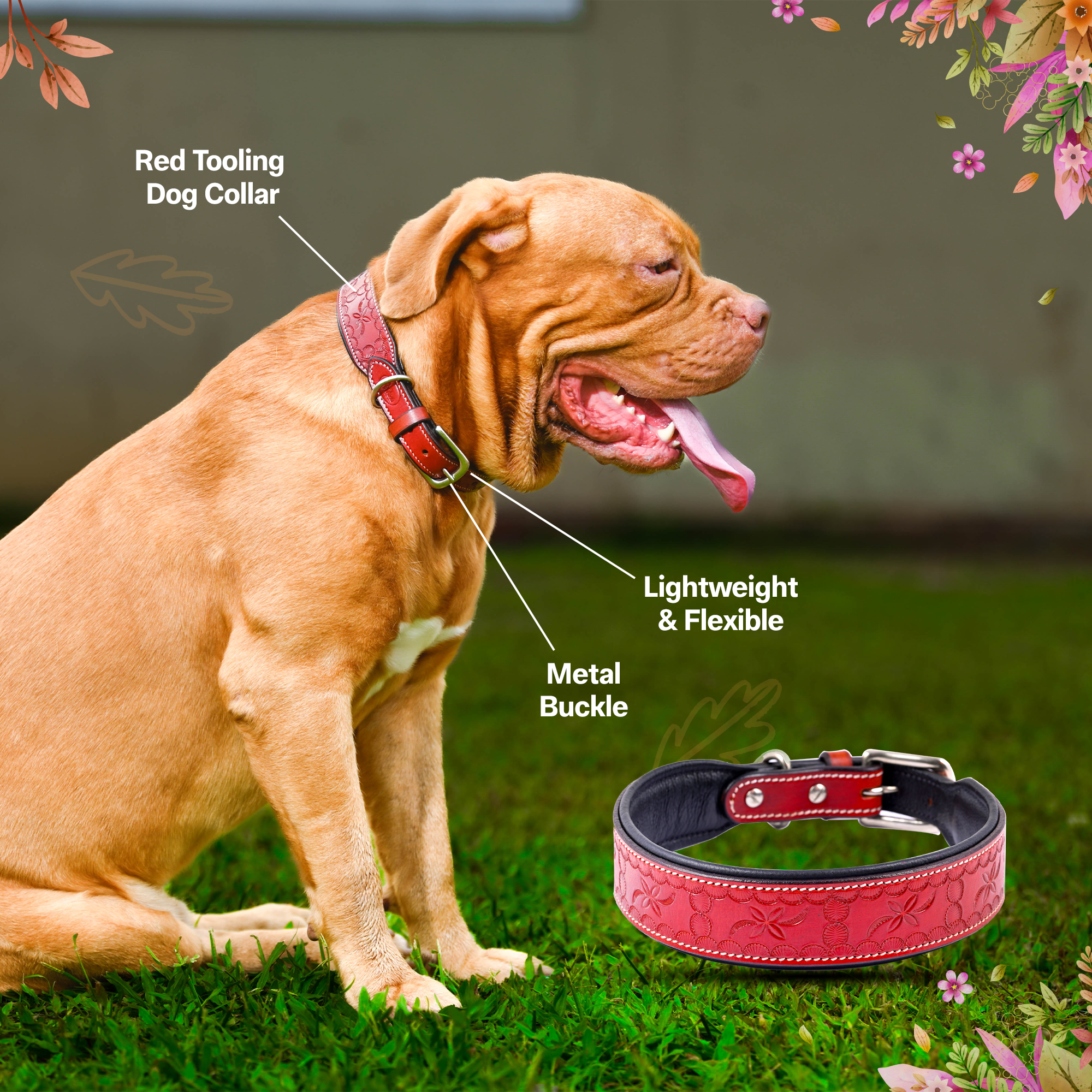 ADIL'S Red Tooling Dog Collar 1.5 Inch Width Suitable For Medium & Large Dogs,Leather Dog Collar With Strong Metal Buckle & D-Ring For Leashes And Id Card